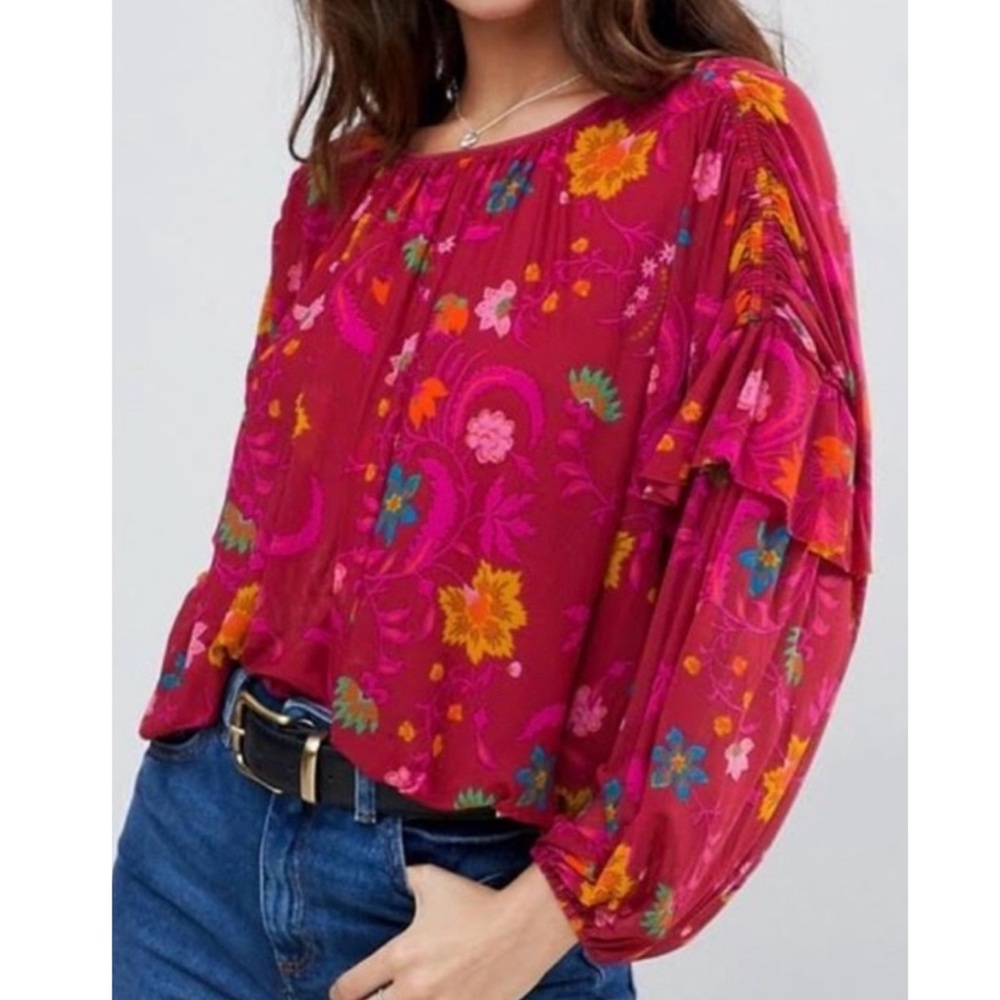 Free People Whimsy Floral Print Berry Pink Ruffled Pleated Draped Blouse XS - Picture 3 of 12
